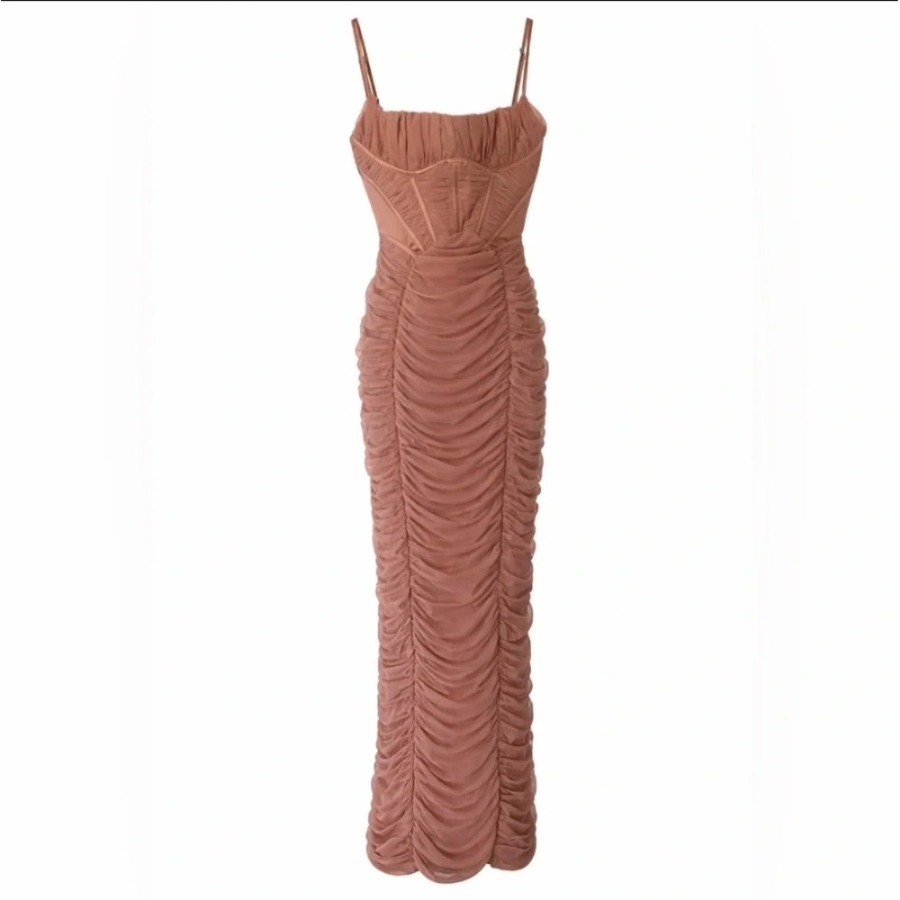 House of CB Lilian Corset Ruched Dress Maxi Mesh Mocha Brown Size XS